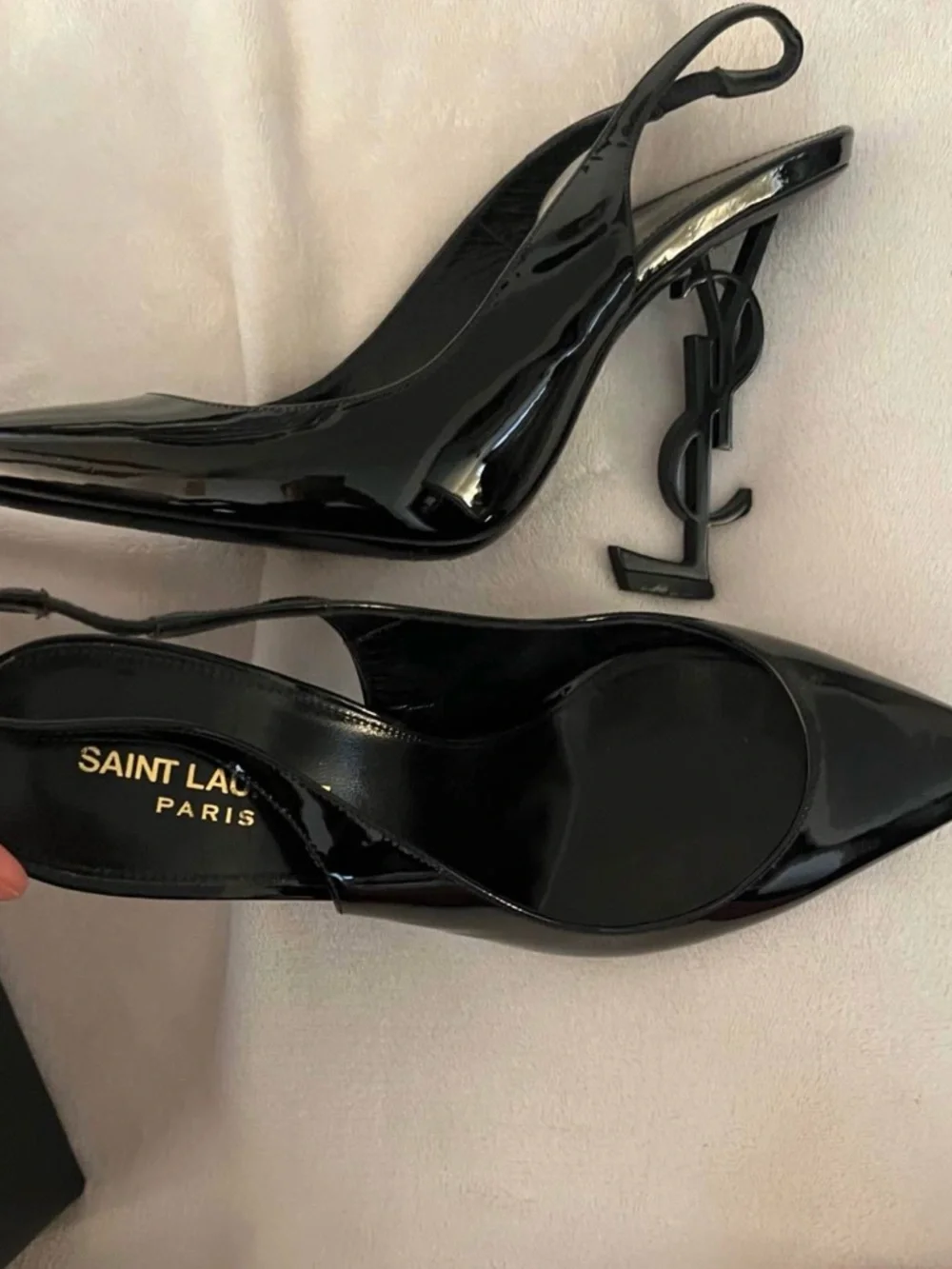 Saint Laurent Black Patent Opyum Logo Heel Slingbacks - Picture 2 of 7